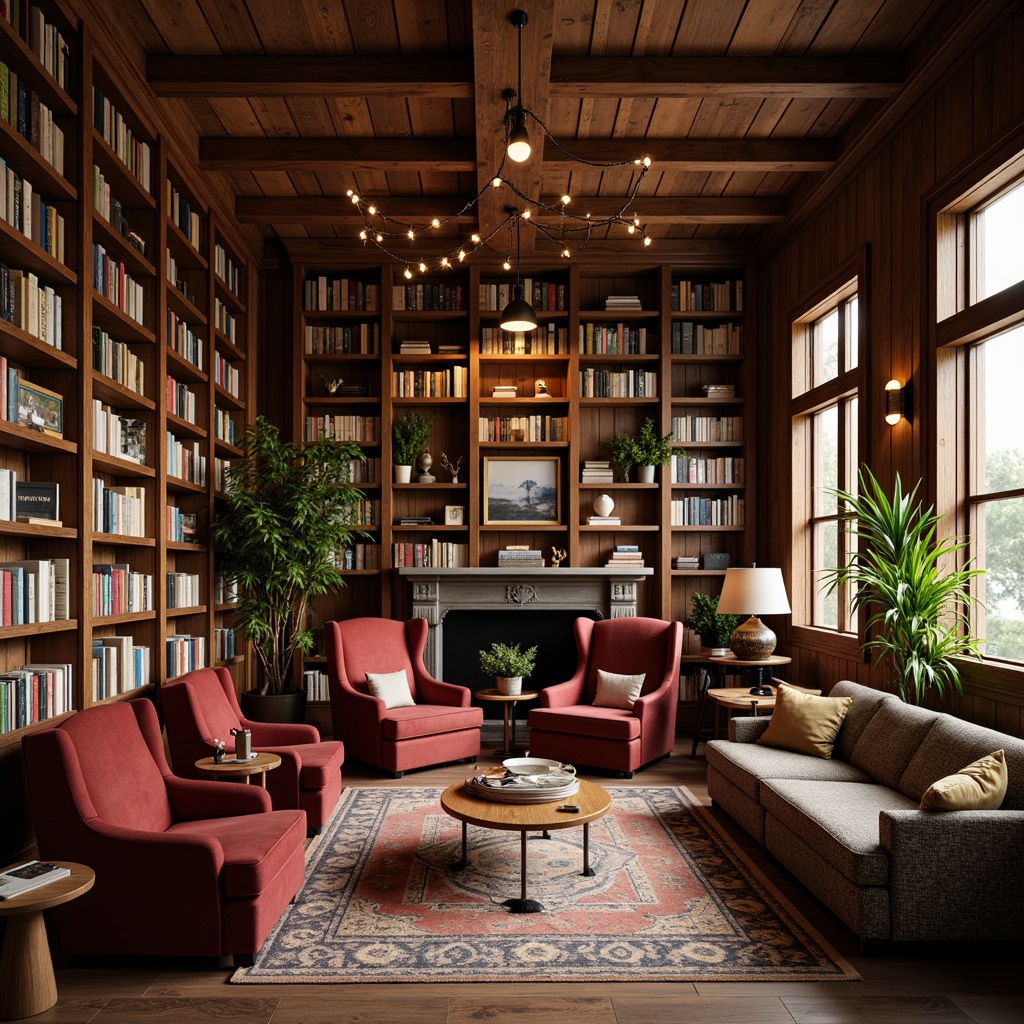 Prompt: Cozy bookstore atmosphere, warm wooden shelves, plush velvet armchairs, floor-to-ceiling bookcases, rustic wooden tables, vintage metal lamps, rich brown leather sofas, eclectic decorative rugs, abstract artwork, natural fiber textiles, earthy color palette, soft box lighting, shallow depth of field, 1/1 composition, realistic materials, ambient occlusion.