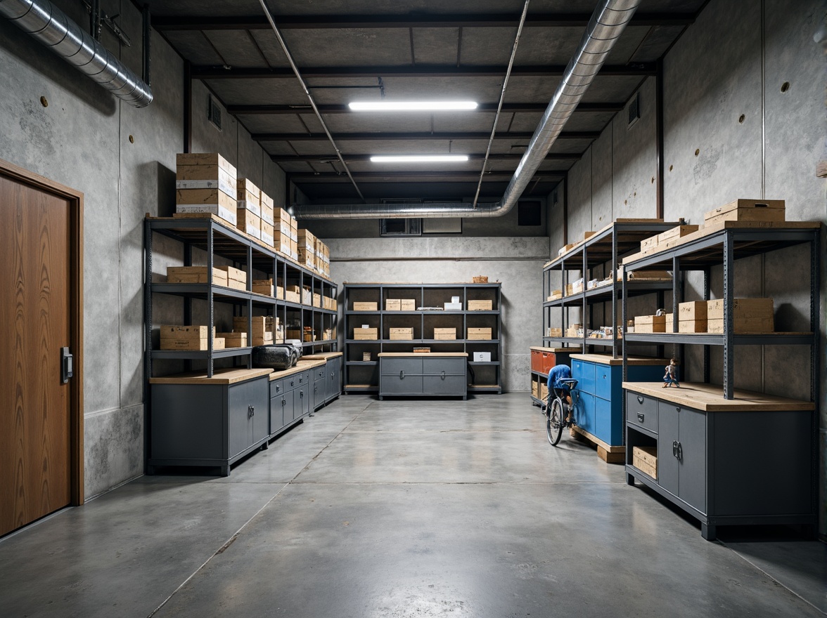 Prompt: Industrial storage room, metal shelving units, steel cabinets, epoxy resin floors, concrete walls, exposed ductwork, minimalist decor, functional lighting, neutral color scheme, shades of gray, beige accents, pops of bright blue, urban industrial atmosphere, dim softbox lighting, 1/2 composition, realistic textures, ambient occlusion.