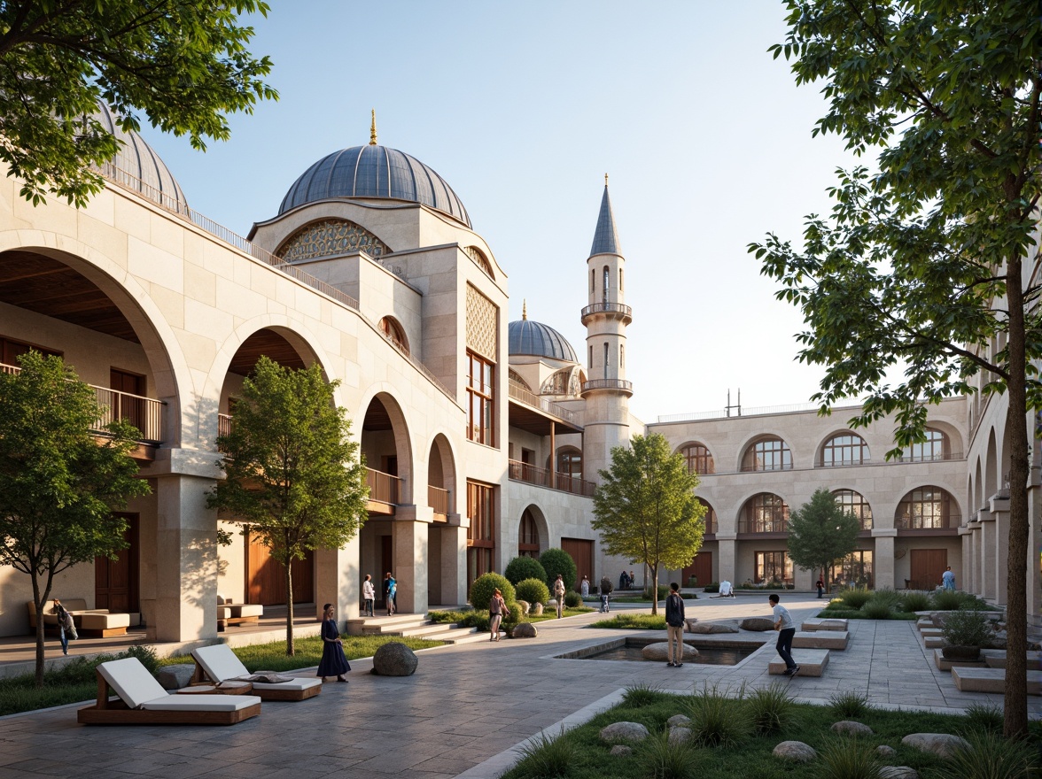 Prompt: Elegant mosque, Islamic arches, intricate geometric patterns, natural stone fa\u00e7ade, wooden accents, stained glass windows, grand dome, minaret towers, serene courtyard, lush greenery, water features, peaceful ambiance, warm soft lighting, shallow depth of field, 3/4 composition, realistic textures, ambient occlusion, eco-friendly materials, recycled wood, low-carbon concrete, solar panels, wind turbines, rainwater harvesting systems, green roofs, innovative cooling technologies, shaded outdoor spaces.