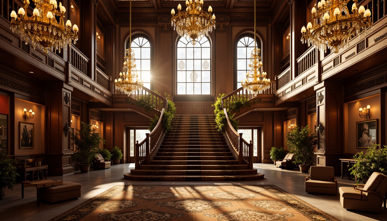 Prompt: \Ornate chandeliers, crystal droplets, gilded metalwork, intricate patterns, luxurious fabrics, rich wood tones, grand staircase, opulent ballrooms, lavish furnishings, majestic high ceilings, stained glass windows, warm golden lighting, soft warm glow, dramatic shadows, 1/1 composition, realistic textures, ambient occlusion.\