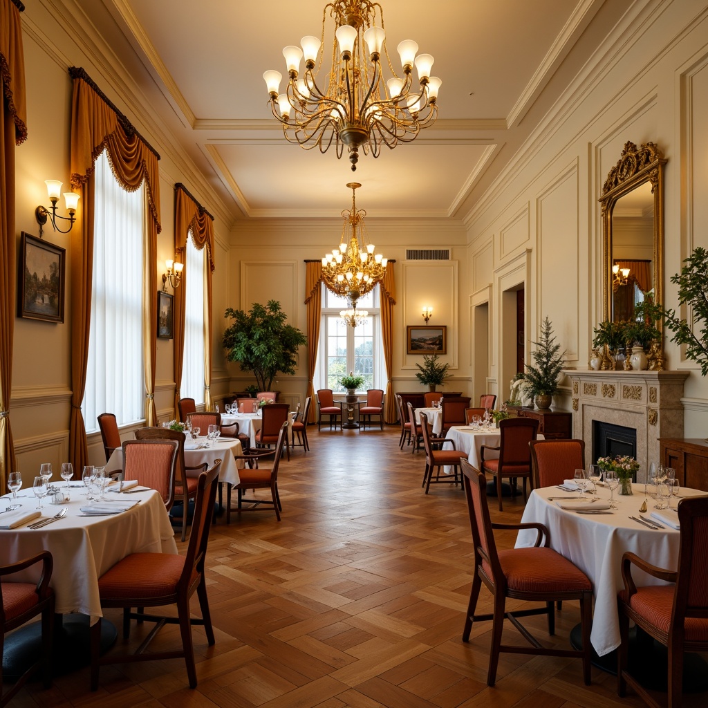 Prompt: Elegant dining hall, luxurious chandelier, polished wooden flooring, cream-colored walls, formal seating arrangement, ornate wooden chairs, velvet upholstered seats, marble-topped tables, crystal glassware, fine china dinner sets, soft warm lighting, shallow depth of field, 1/1 composition, realistic textures, ambient occlusion.