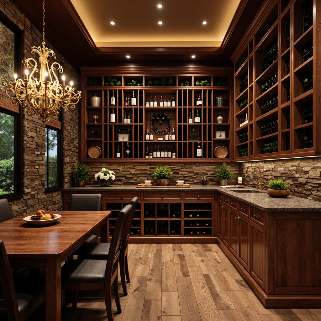 Prompt: Luxurious wine cellar, rich wood tones, dark stone walls, elegant chandeliers, temperature-controlled environment, humidifier systems, premium flooring options, polished hardwood floors, rustic wooden planks, dark-stained oak, wine barrel-inspired accents, dimmable lighting, soft warm glow, intimate ambiance, cozy seating areas, rare vintage wines, sophisticated entertainment space, modern wine storage systems.