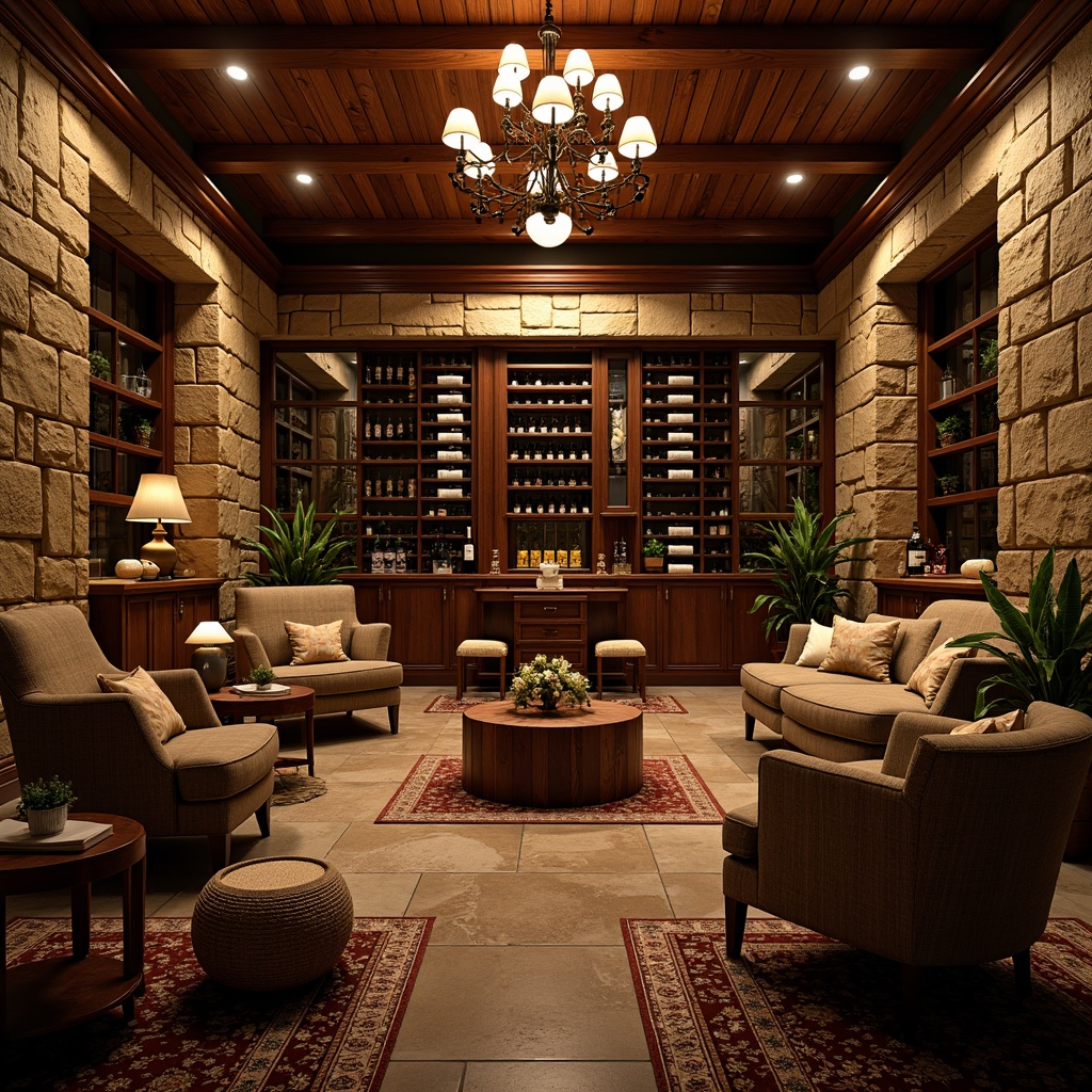 Prompt: Elegant wine cellar, rustic stone walls, rich wood accents, dimmed warm lighting, ornate metalwork, intricate carvings, lavish chandeliers, luxurious textiles, plush area rugs, ambient temperature control, humidification systems, premium wine storage units, curved glass shelves, wooden wine crates, vintage wine barrels, earthy color palette, cozy seating areas, intimate gathering spaces, soft background music, sophisticated ambiance.