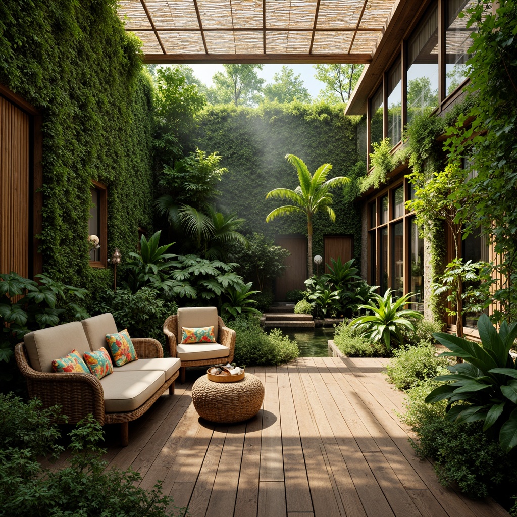 Prompt: Lush green walls, exotic plants, natural wood accents, woven rattan furniture, vibrant colorful textiles, intricate botanical patterns, abundant natural light, soft warm ambiance, tropical rainforest atmosphere, misty fog effects, curved organic lines, earthy tone color palette, living walls, green roofs, water features, koi ponds, wooden deck flooring, bamboo ceilings, sliding glass doors, 3/4 composition, shallow depth of field, realistic textures, ambient occlusion.