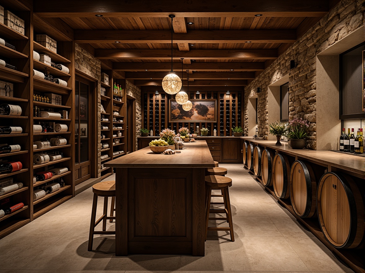 Prompt: Luxurious wine cellar, dark wood tones, rich stone walls, dimly lit atmosphere, temperature-controlled environment, humidity-regulated storage, oak barrels, wine racks, glass-enclosed displays, earthy color palette, natural stone flooring, polished concrete surfaces, rustic wooden accents, ambient warm lighting, soft focus photography, 1/2 composition, realistic textures, subtle reflections.