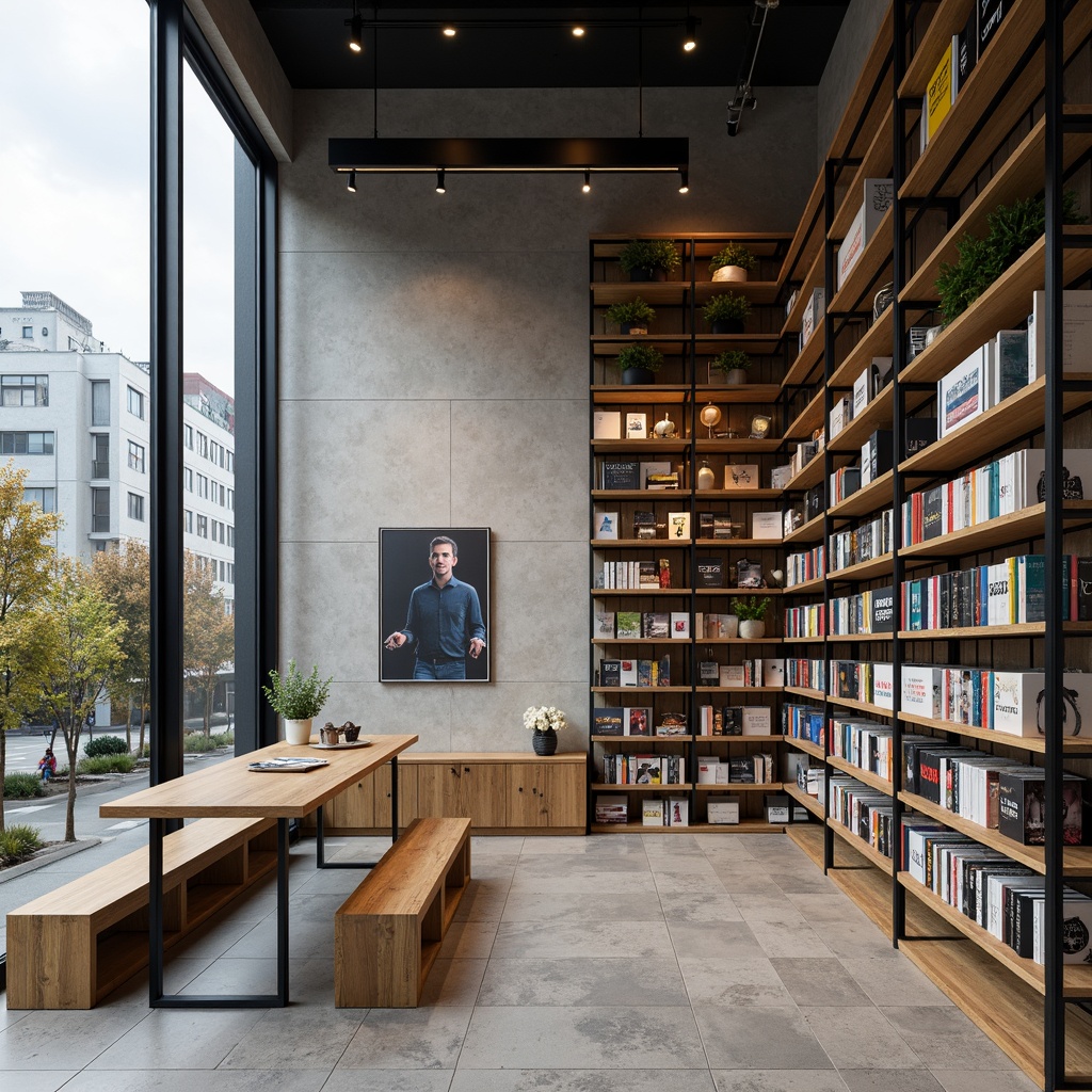 Prompt: Minimalist bookstore, industrial metal shelves, bold typography, functional wooden furniture, natural stone flooring, large windows, abundant natural light, geometric shapes, primary color accents, modernist architecture, urban cityscape, cloudy day, soft diffused lighting, shallow depth of field, 2/3 composition, realistic textures, ambient occlusion.