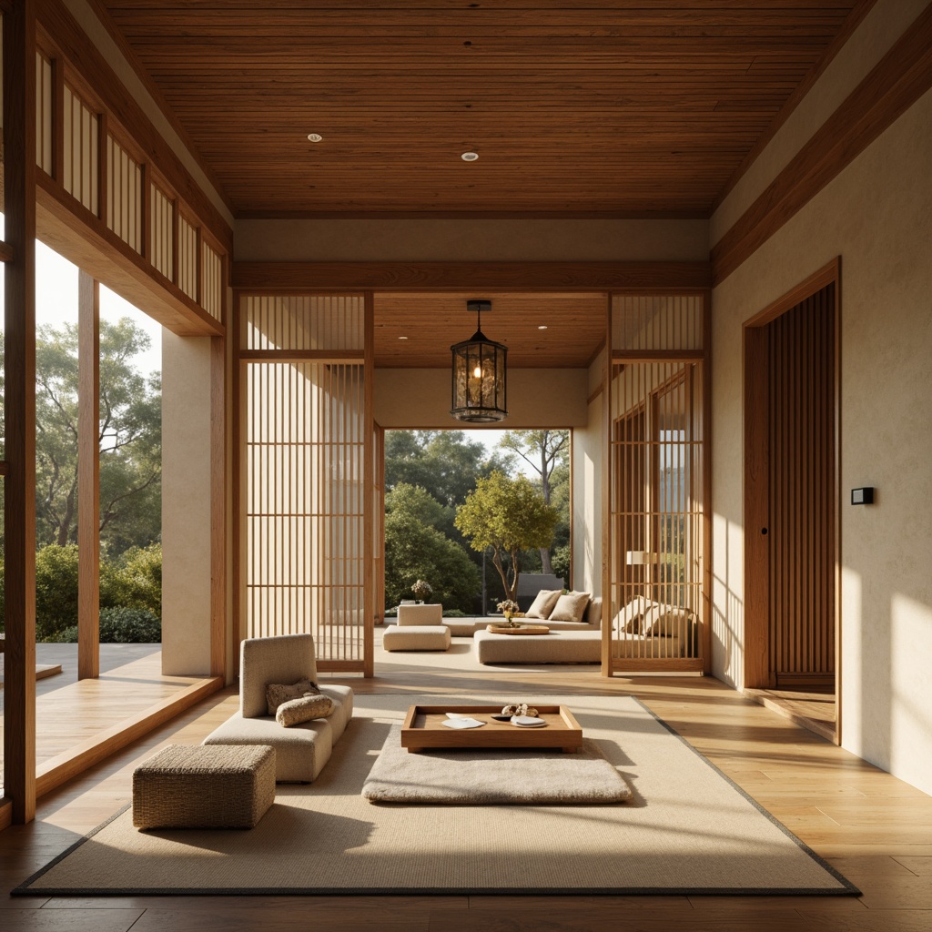 Prompt: Minimalist interior, natural materials, wooden accents, paper lanterns, sliding screens, tatami mats, low-seating furniture, subtle lighting, warm beige tones, soft textiles, intricate carvings, Asian-inspired patterns, serene ambiance, open floor plan, functional zones, harmonious color scheme, balanced proportions, 1/1 composition, soft focus, natural textures, ambient occlusion.