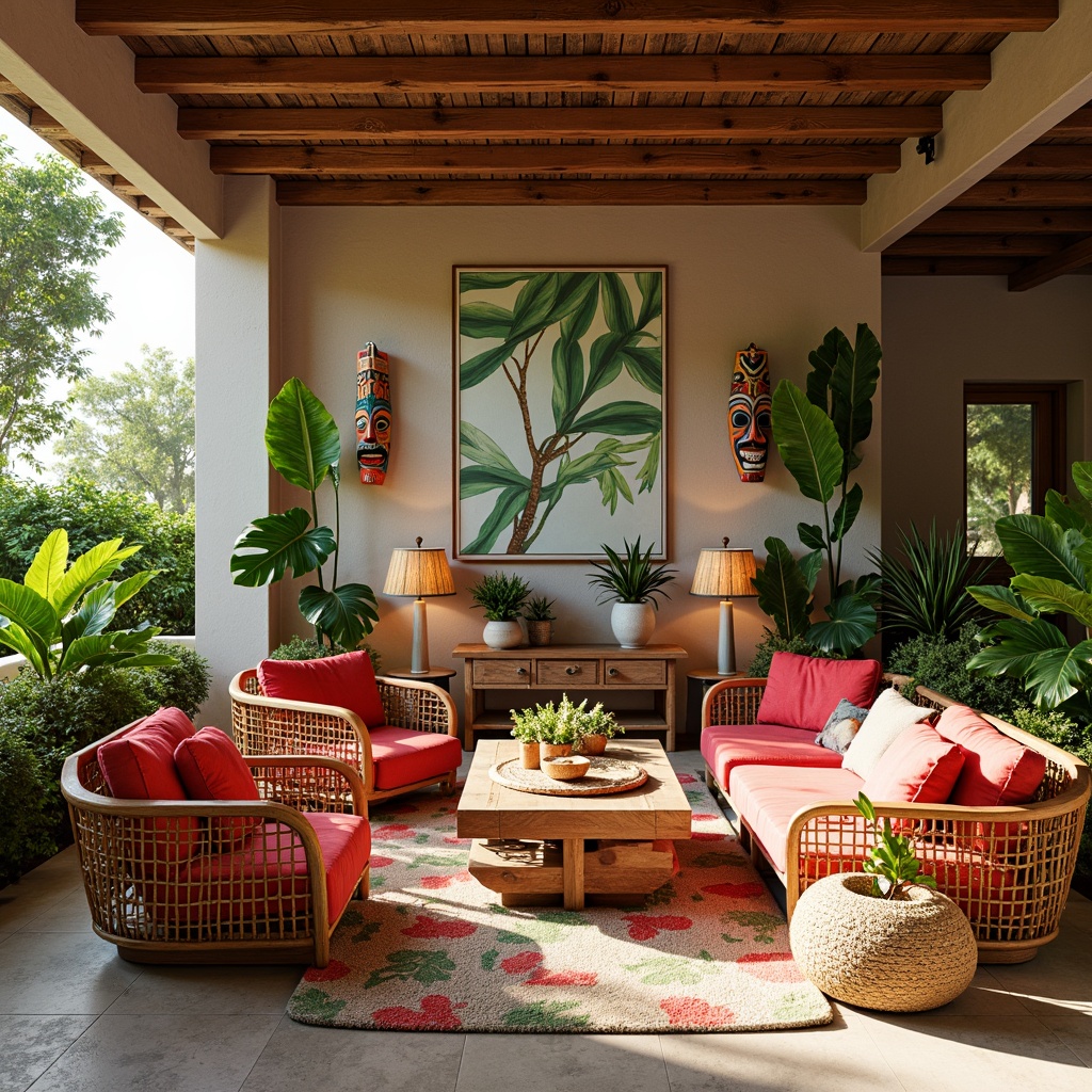 Prompt: Vibrant tropical interior, exotic wooden furniture, rattan chairs, woven bamboo sofas, plush velvet cushions, natural fiber rugs, palm tree-inspired lamps, colorful tiki masks, lush greenery, floral patterns, bright coral colors, sunny coastal vibe, airy open spaces, minimalist decor, organic textures, woven wicker accents, distressed wood finishes, nature-inspired accessories.