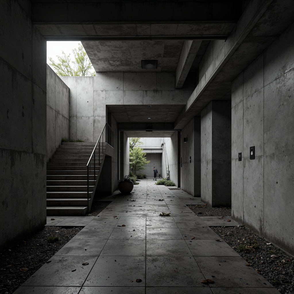 Prompt: Gritty brutalist interior, monochromatic color scheme, cold concrete walls, exposed ductwork, industrial metal beams, rugged stone floors, minimalist decor, bold geometric shapes, dramatic shadow play, high-contrast lighting, cinematic composition, moody atmospheric effects, desaturated tones, dark accents, weathered textures, rough-hewn materials, urban decay aesthetic, dystopian ambiance, low-key illumination, narrow aperture, 1/2 composition.