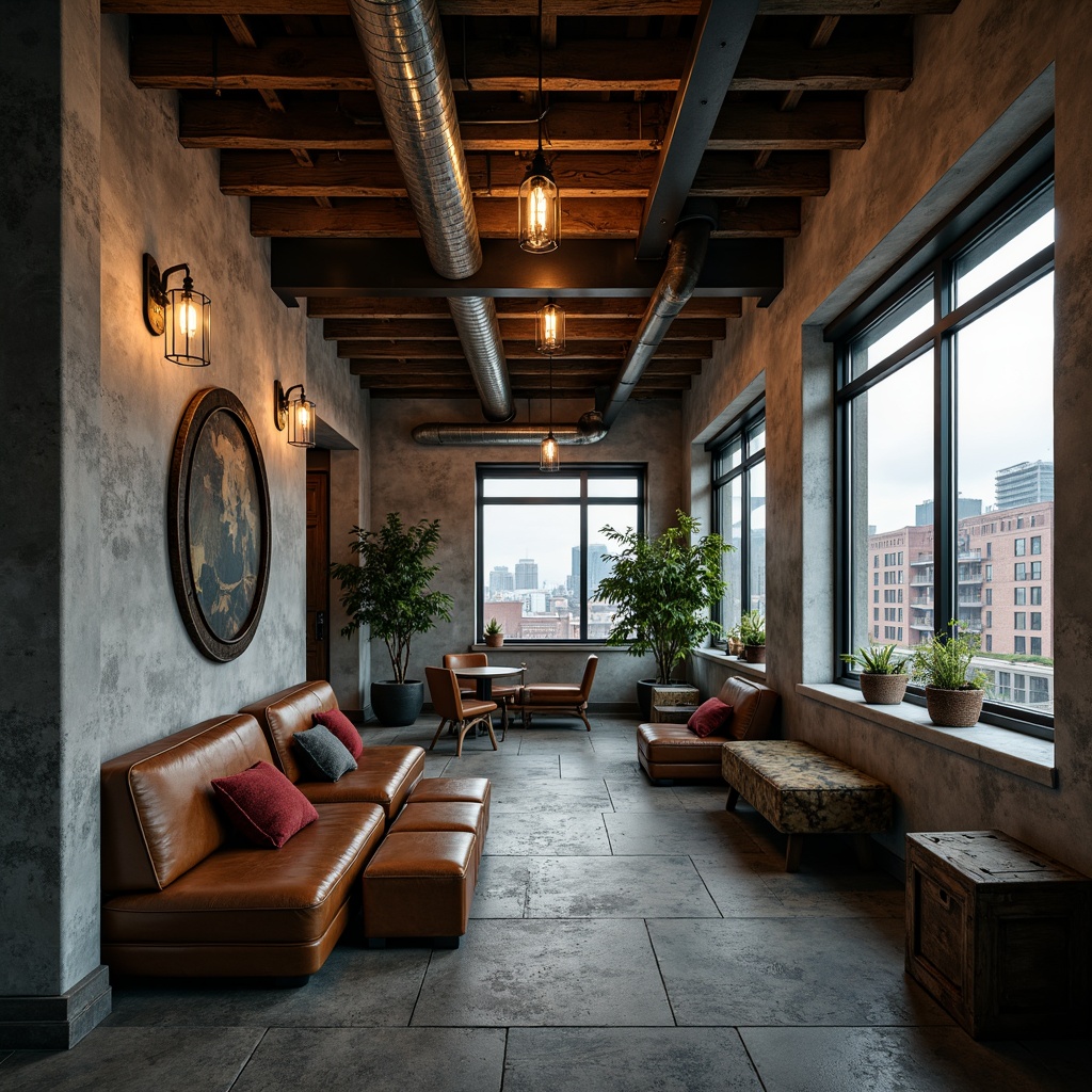 Prompt: Exposed concrete walls, industrial metal beams, reclaimed wood accents, Edison bulb lighting, functional pipes, rugged stone flooring, distressed leather furniture, urban cityscape views, moody atmospheric lighting, shallow depth of field, 2/3 composition, gritty realistic textures, ambient occlusion.