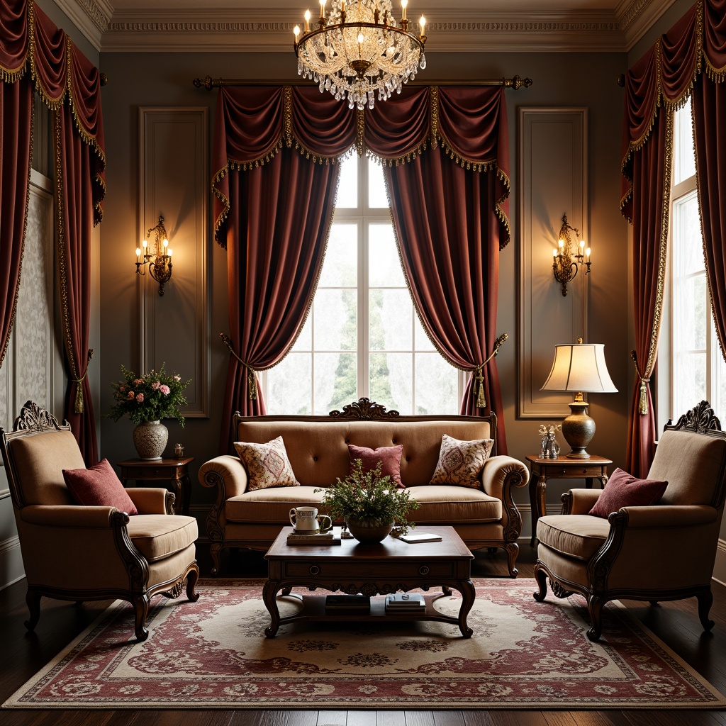 Prompt: Ornate velvet sofa, intricately carved wooden armchairs, luxurious silk drapes, crystal chandelier, rich mahogany coffee table, plush area rugs, ornamental metalwork, elegant lace curtains, vintage antique pieces, soft warm lighting, shallow depth of field, 2/3 composition, realistic textures, ambient occlusion.