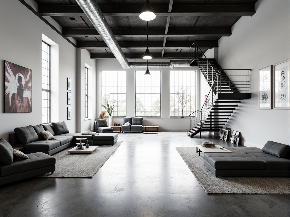 Prompt: Minimalist interior, open floor plan, natural light pouring in, industrial-style windows, polished concrete floors, functional furniture, geometric shapes, monochromatic color scheme, steel beams, exposed ductwork, cantilevered staircase, suspended lighting fixtures, abstract art pieces, modernist sculptures, urban loft atmosphere, airy feel, 1-point perspective, high contrast ratio, dramatic shadows, realistic textures.