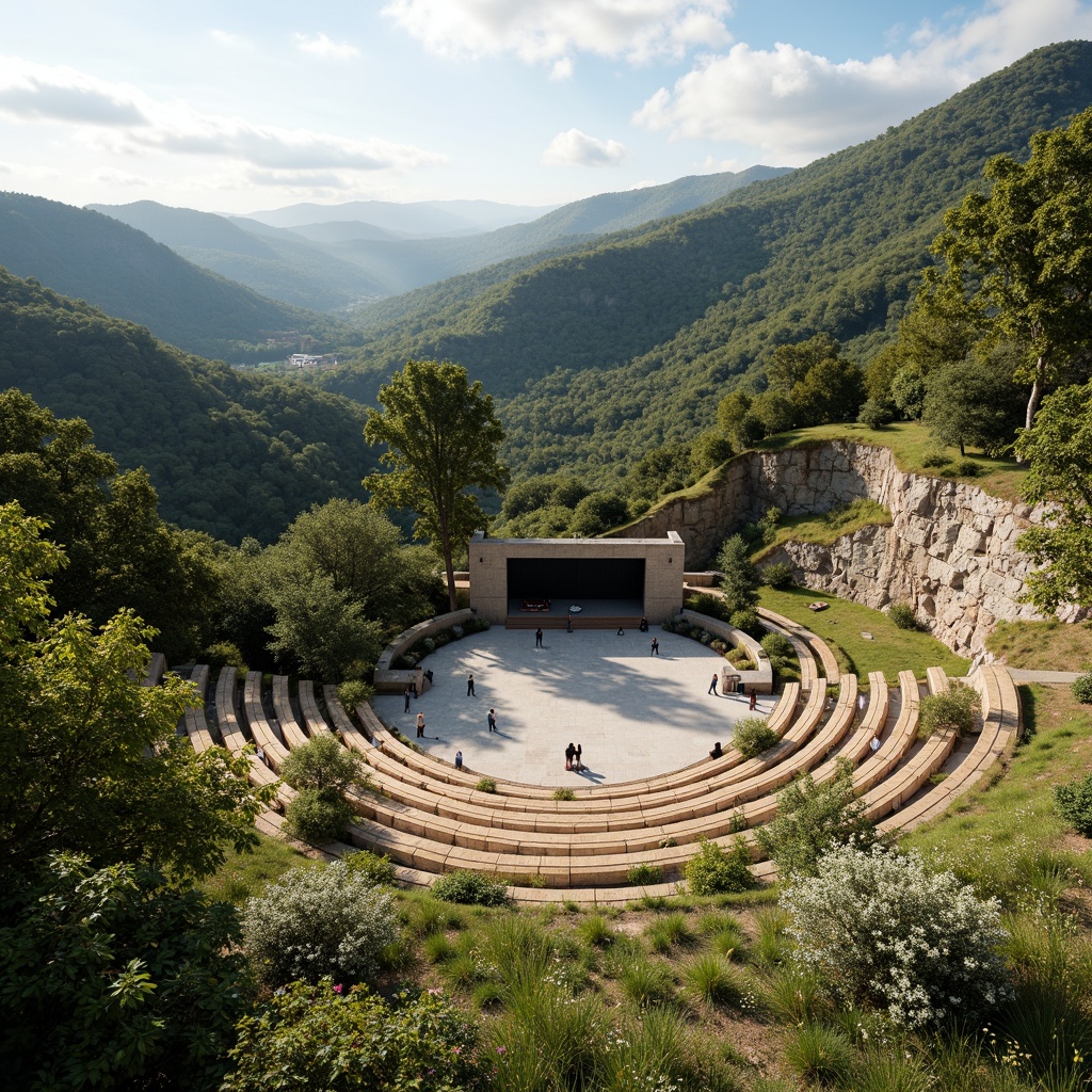 Prompt: Natural amphitheater setting, lush green surroundings, rolling hills, scenic views, outdoor stage, wooden benches, acoustic shell, sound reflection surfaces, tiered seating, grassy slopes, warm sunny day, soft gentle breeze, natural reverb, 3/4 composition, panoramic view, realistic textures, ambient occlusion, rustic stone walls, earthy tones, organic architecture, curved lines, minimalist design, functional lighting, subtle color palette.