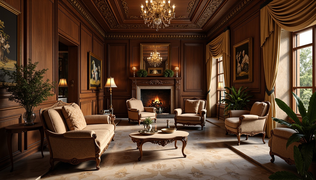 Prompt: Antique wooden furniture, ornate carvings, velvet upholstery, luxurious fabrics, crystal chandeliers, marble flooring, grandiose mirrors, elegant curves, rich wood tones, intricate moldings, sophisticated textures, warm golden lighting, soft focus, 1/1 composition, symmetrical arrangement, realistic reflections, ambient occlusion.