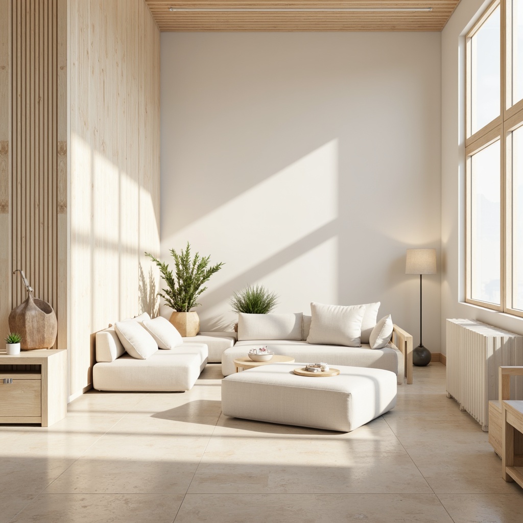 Prompt: Monochromatic neutral tones, soft pastel hues, calming whites, creamy beiges, natural wood accents, subtle texture contrasts, airy openness, Scandinavian-inspired simplicity, Nordic minimalism, clean lines, geometric shapes, ample negative space, gentle warm lighting, shallow depth of field, 1/1 composition, realistic renderings, ambient occlusion.