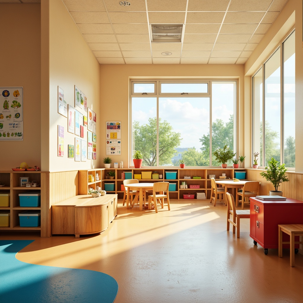 Prompt: Vibrant elementary school interior, soft pastel colors, calming beige walls, warm wooden accents, educational posters, colorful lockers, rounded corner tables, ergonomic chairs, natural light pouring through large windows, subtle texture on flooring, gentle gradient effects, soothing atmosphere, shallow depth of field, 1/2 composition, realistic render, ambient occlusion.