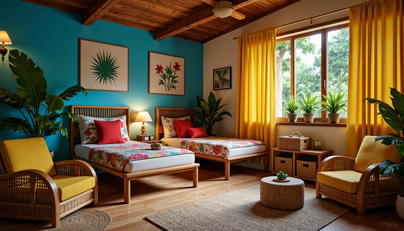 Prompt: Tropical dorm room, exotic wooden furniture, rattan chairs, woven bamboo beds, colorful textiles, vibrant floral patterns, natural fiber rugs, wicker storage baskets, carved wooden decorations, palm tree-inspired lamps, ocean-blue accent walls, sunny yellow curtains, lush green plants, woven seagrass mats, distressed wood flooring, soft warm lighting, 1/1 composition, cozy intimate atmosphere, realistic wood textures.