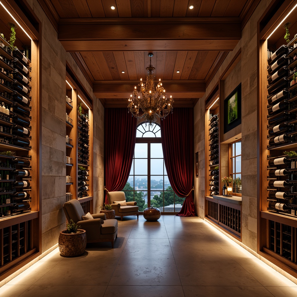 Prompt: Luxurious wine cellar, rich wood tones, dimmable LED lighting, warm ambient glow, subtle floor illumination, elegant chandeliers, rustic stone walls, refined metal accents, intimate seating areas, lavish velvet drapes, sophisticated wine racks, temperature-controlled environment, soft cool misting, dramatic high ceilings, panoramic views, realistic textures, ambient occlusion.