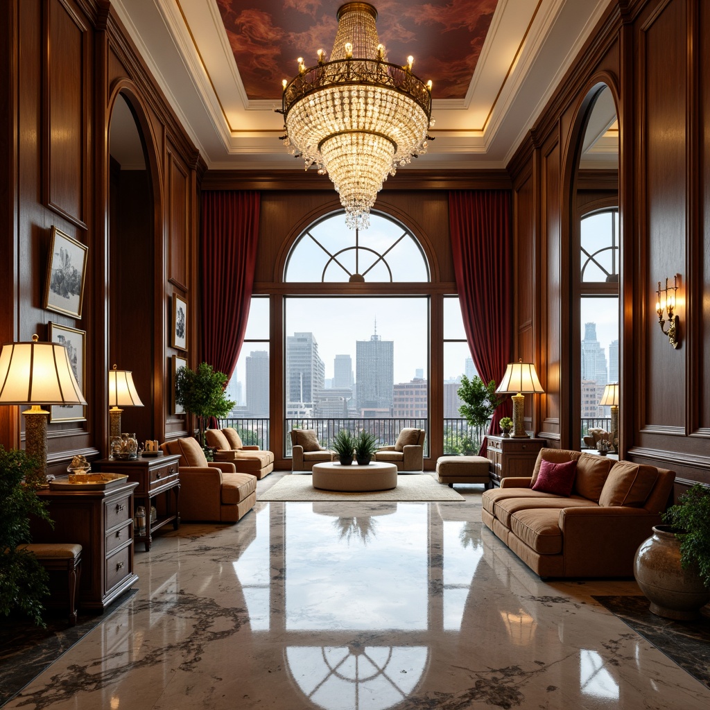 Prompt: Opulent mansion, grand entrance, marble flooring, crystal chandeliers, lavish furnishings, velvet drapes, gold accents, ornate mirrors, luxurious textiles, rich wood paneling, high ceilings, expansive windows, stunning city views, warm soft lighting, shallow depth of field, 1/1 composition, panoramic view, realistic reflections, ambient occlusion.