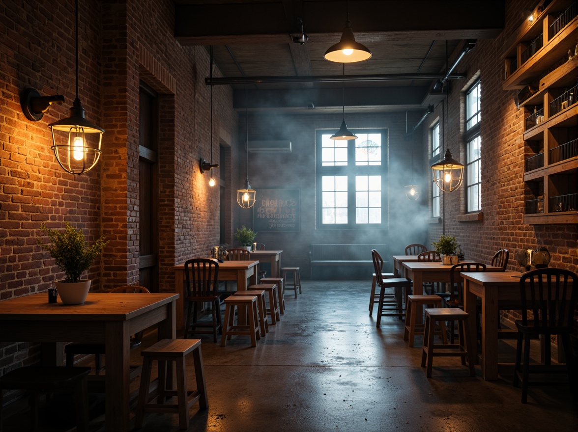 Prompt: Industrial-chic factory space, exposed brick walls, polished concrete floors, minimalist metal beams, reclaimed wood accents, geometric-shaped lamps, industrial-style lighting fixtures, metal shades, Edison bulbs, warm-toned neon signs, atmospheric foggy ambiance, soft-box lighting, dramatic high-contrast shadows, 1/1 composition, cinematic framing, moody color palette, raw textures, subtle ambient occlusion.