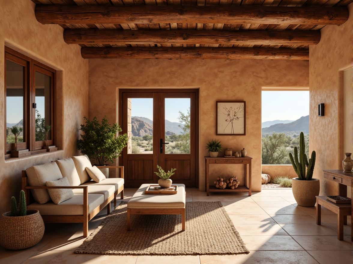 Prompt: Adobe earth tones, rustic stucco walls, wooden accents, vintage doors, distressed wood furniture, clay roof tiles, warm beige floors, woven textiles, natural fiber rugs, potted cacti, succulent plants, desert landscape views, soft warm lighting, shallow depth of field, 1/1 composition, realistic textures, ambient occlusion.