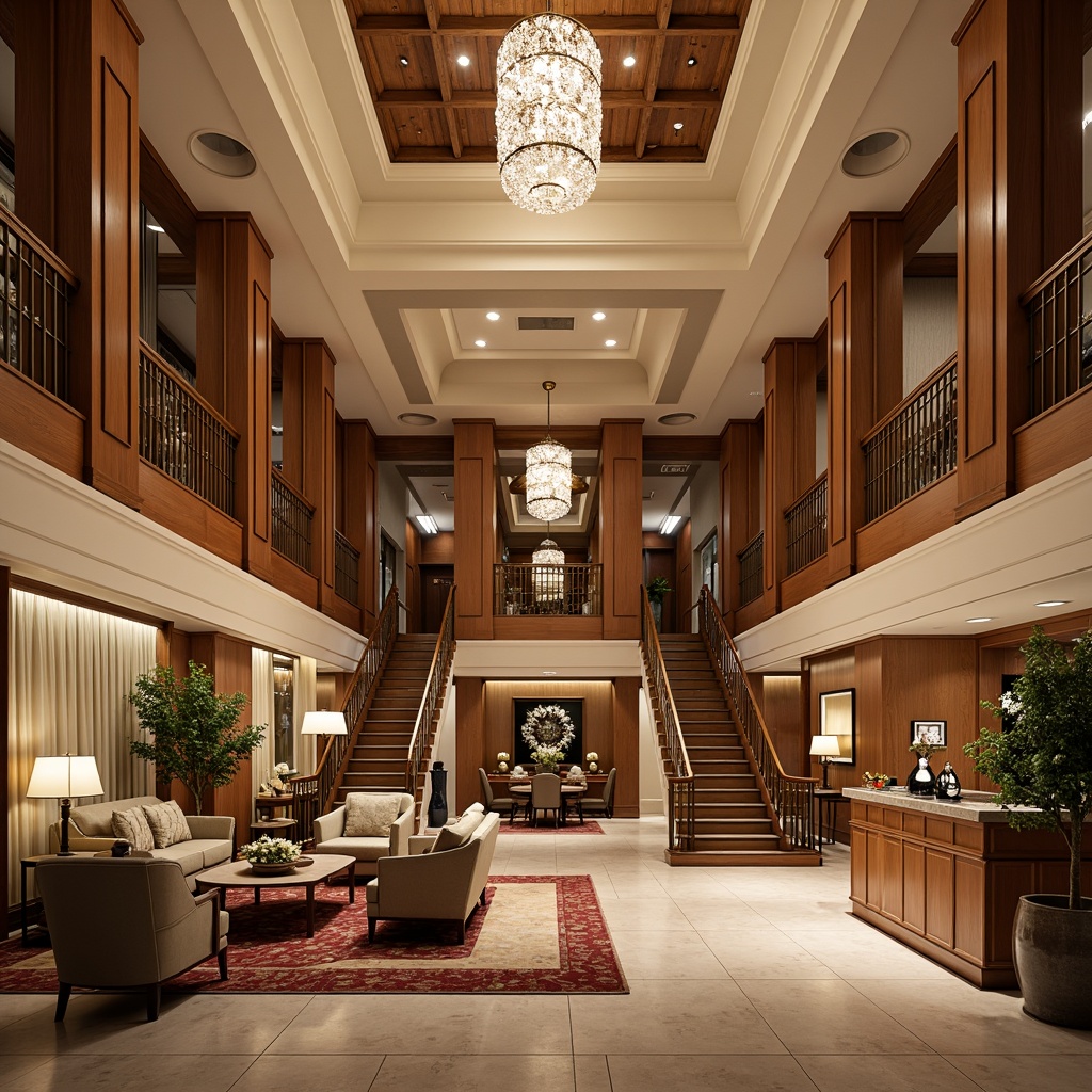 Prompt: Luxurious hotel lobby, rich wood tones, ornate furnishings, plush carpets, crystal chandeliers, elegant staircases, intricate moldings, warm beige walls, soft cream ceilings, comfortable seating areas, classic columns, sophisticated lighting fixtures, velvety drapes, lavish textiles, natural stone flooring, polished marble countertops, antique furniture pieces, vintage decor accents, warm ambient lighting, shallow depth of field, 1/1 composition, realistic render.