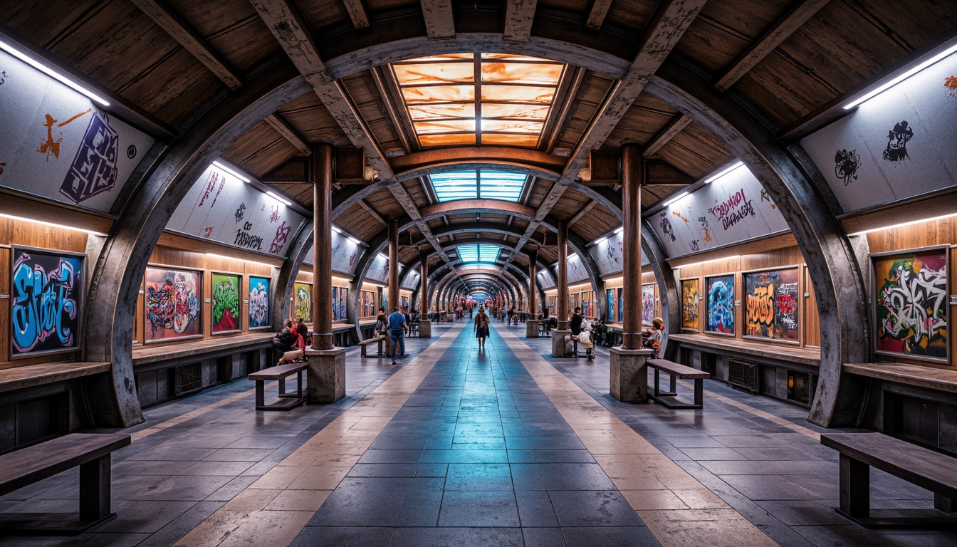 Prompt: Vibrant metro station, eclectic style, futuristic architecture, exposed concrete ceilings, metallic accents, neon lights, urban graffiti, distressed finishes, industrial chic, reclaimed wood panels, polished steel beams, geometric tile patterns, LED light installations, dynamic color schemes, abstract murals, high-contrast textures, shallow depth of field, 1/1 composition, symmetrical framing, cinematic lighting, futuristic ambiance.