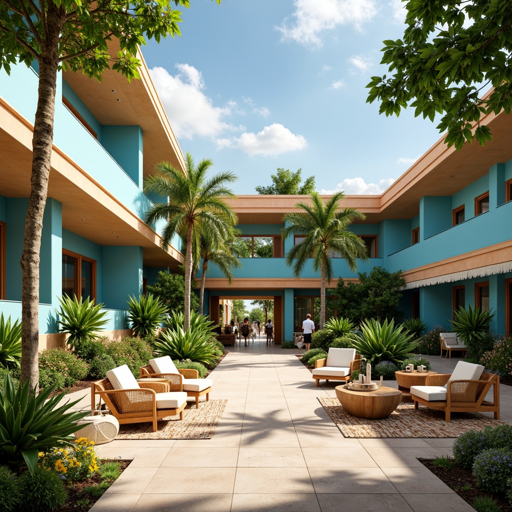 Prompt: Vibrant tropical public administration building, pastel blue walls, warm beige accents, lush greenery, exotic palm trees, colorful floral patterns, wooden furniture, natural textiles, woven rattan details, coral-inspired architectural features, sunny day, soft warm lighting, shallow depth of field, 3/4 composition, panoramic view, realistic textures, ambient occlusion.