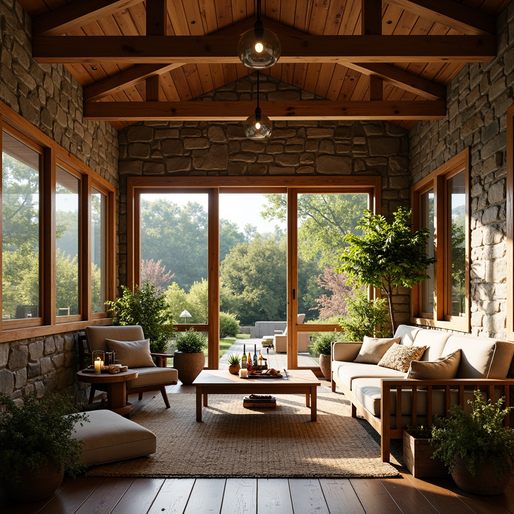 Prompt: Rustic sunroom, wooden beams, natural stone walls, large windows, sliding glass doors, lush greenery, blooming flowers, warm sunlight, cozy atmosphere, earthy color palette, reclaimed wood furniture, woven textiles, soft cushions, pendant lanterns, candlelight, morning light, gentle shadows, 1/1 composition, shallow depth of field, realistic textures.