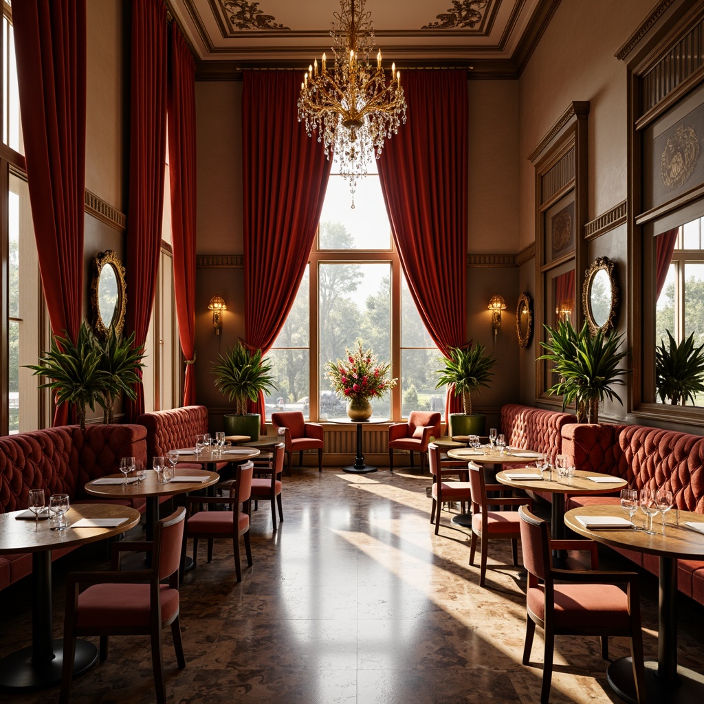 Prompt: Elegant dining hall, luxurious velvet drapes, polished marble floors, ornate crystal chandeliers, refined wooden tables, comfortable upholstered chairs, decorative wall mirrors, sophisticated silverware, lavish flower arrangements, warm golden lighting, shallow depth of field, 1/2 composition, realistic textures, ambient occlusion.