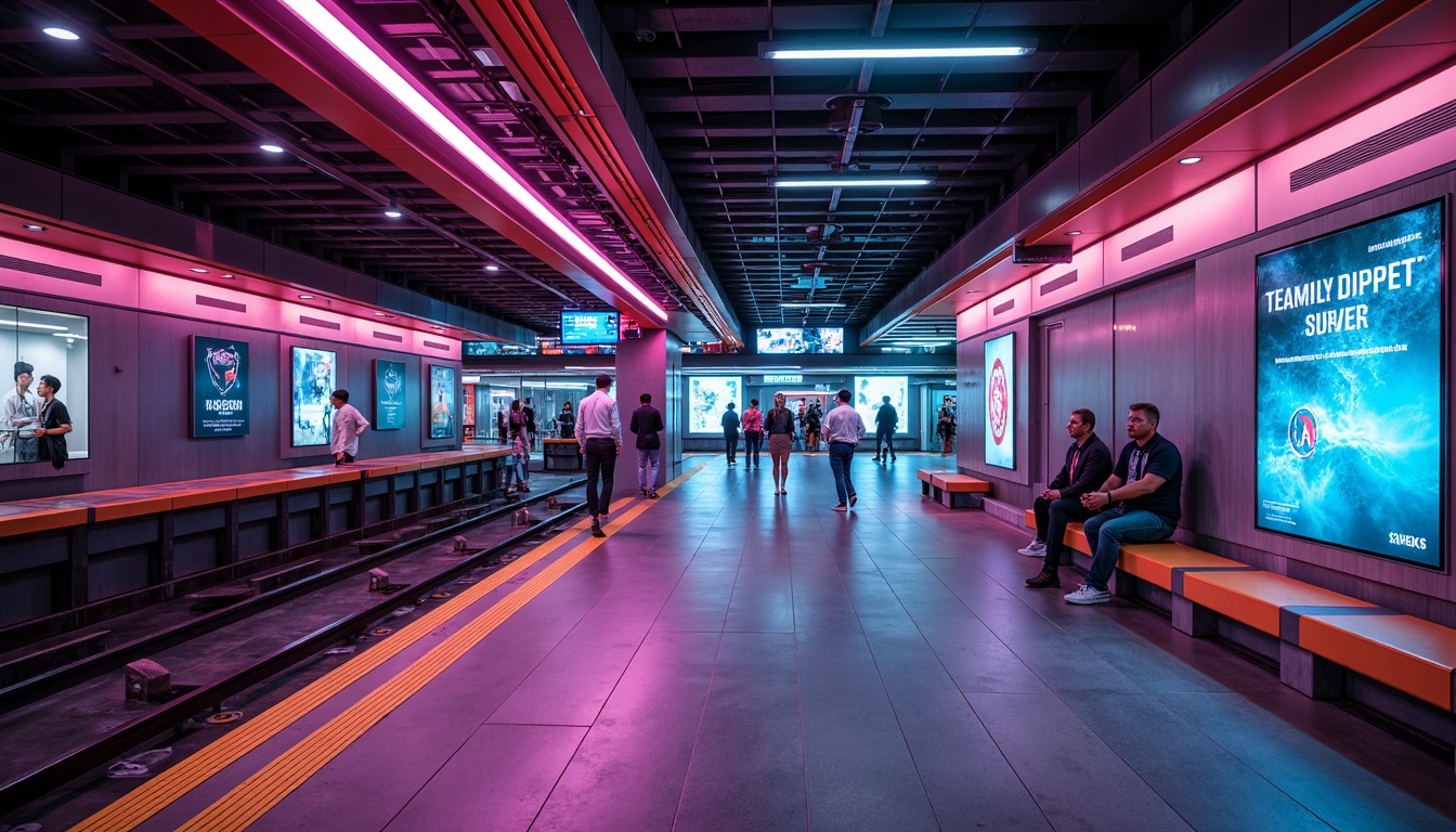 Prompt: Vibrant metro station, futuristic architecture, bold color accents, neon lights, sleek metal surfaces, modern signage, dynamic LED displays, urban cityscape, busy pedestrian traffic, high-contrast visual hierarchy, accent walls, geometric patterns, stainless steel handrails, polished concrete floors, minimalist benches, atmospheric lighting, shallow depth of field, 1/2 composition, realistic textures, ambient occlusion.