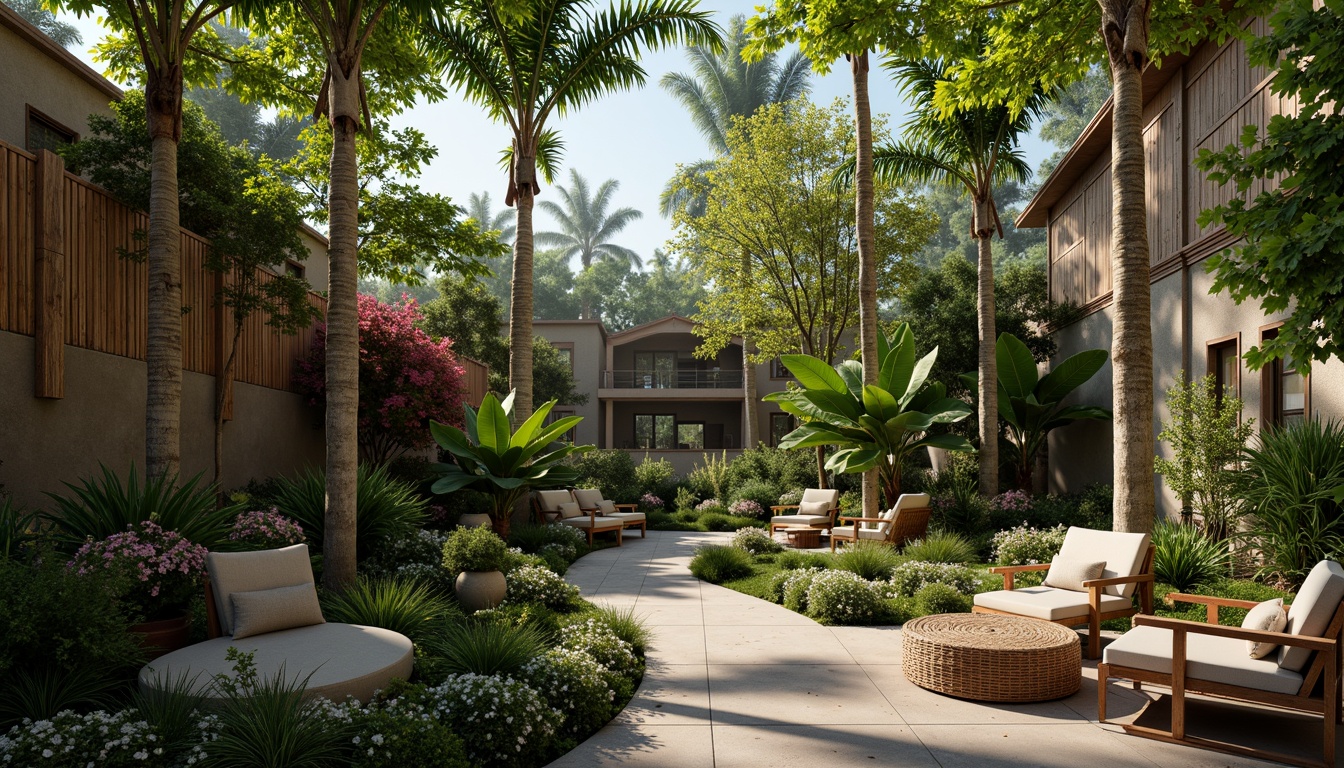 Prompt: Lush tropical gardens, exotic palm trees, vibrant floral arrangements, natural stone walls, reclaimed wood accents, bamboo textures, woven rattan furniture, earthy color palette, organic shapes, curved lines, abundant natural light, soft warm ambiance, misty atmosphere, 1/1 composition, intimate scale, realistic plant renderings, subtle animations.