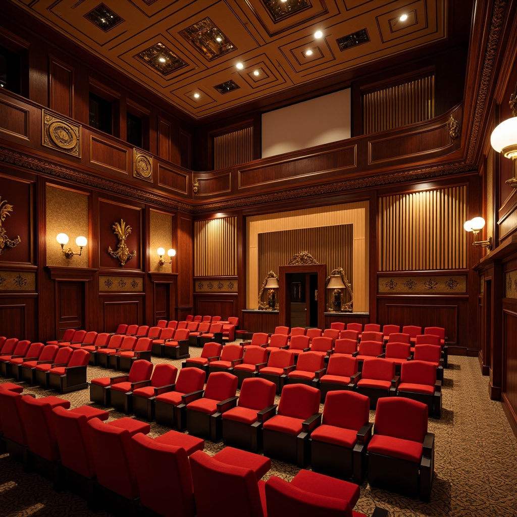 Prompt: Elegant theater interior, rich wood paneling, plush red velvet seats, ornate golden details, suspended soundproofing panels, state-of-the-art audio equipment, precision-crafted speaker systems, optimized acoustic reflection, diffused ceiling design, minimal reverberation time, warm ambient lighting, dramatic spotlights, 3/4 composition, cinematic perspective, high-fidelity sound reproduction, immersive audio experience.