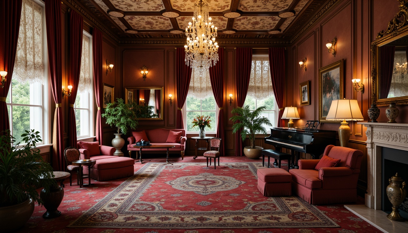 Prompt: Richly upholstered armchairs, intricately carved wooden furniture, luxurious velvet drapes, ornate crystal chandeliers, delicate lace curtains, antique vases, patterned rugs, warm gas lamps, decorative mirrors, lavish fresco ceilings, grand pianos, heavily embroidered fabrics, opulent marble fireplaces, intricately designed wallpaper, vintage accessories, soft warm lighting, shallow depth of field, 2/3 composition, realistic textures, ambient occlusion.