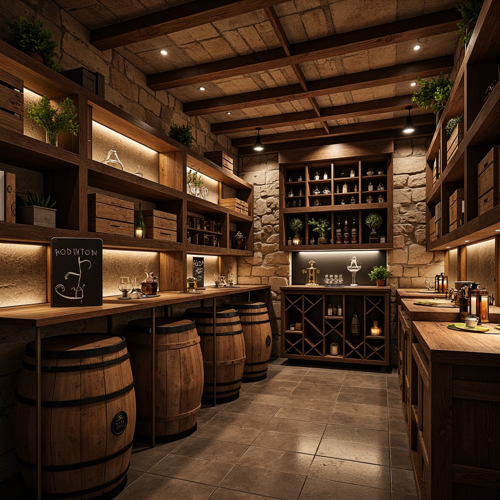 Prompt: Rustic wine cellar, distressed wood shelving, ornate metalwork, vintage wine barrels, dim warm lighting, stone walls, earthy tones, reclaimed wood accents, decorative wine crates, soft candlelight, aged wooden ladders, wrought iron railings, elegant glassware displays, ambient misting, shallow depth of field, 1/1 composition, realistic textures, naturalistic atmosphere.