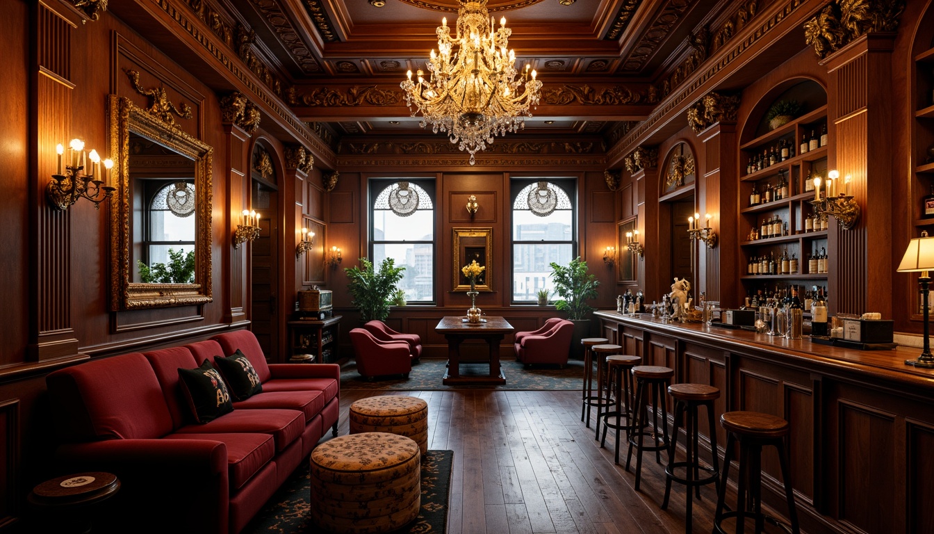 Prompt: Luxurious Victorian-style bar, rich wood tones, ornate carvings, velvet upholstery, golden accents, intricate moldings, crystal chandeliers, plush armchairs, tufted ottomans, carved wooden bars, brass fixtures, ornamental mirrors, warm ambient lighting, dimly lit atmosphere, 1/2 composition, dramatic shadows, realistic wood textures, subtle reflections.