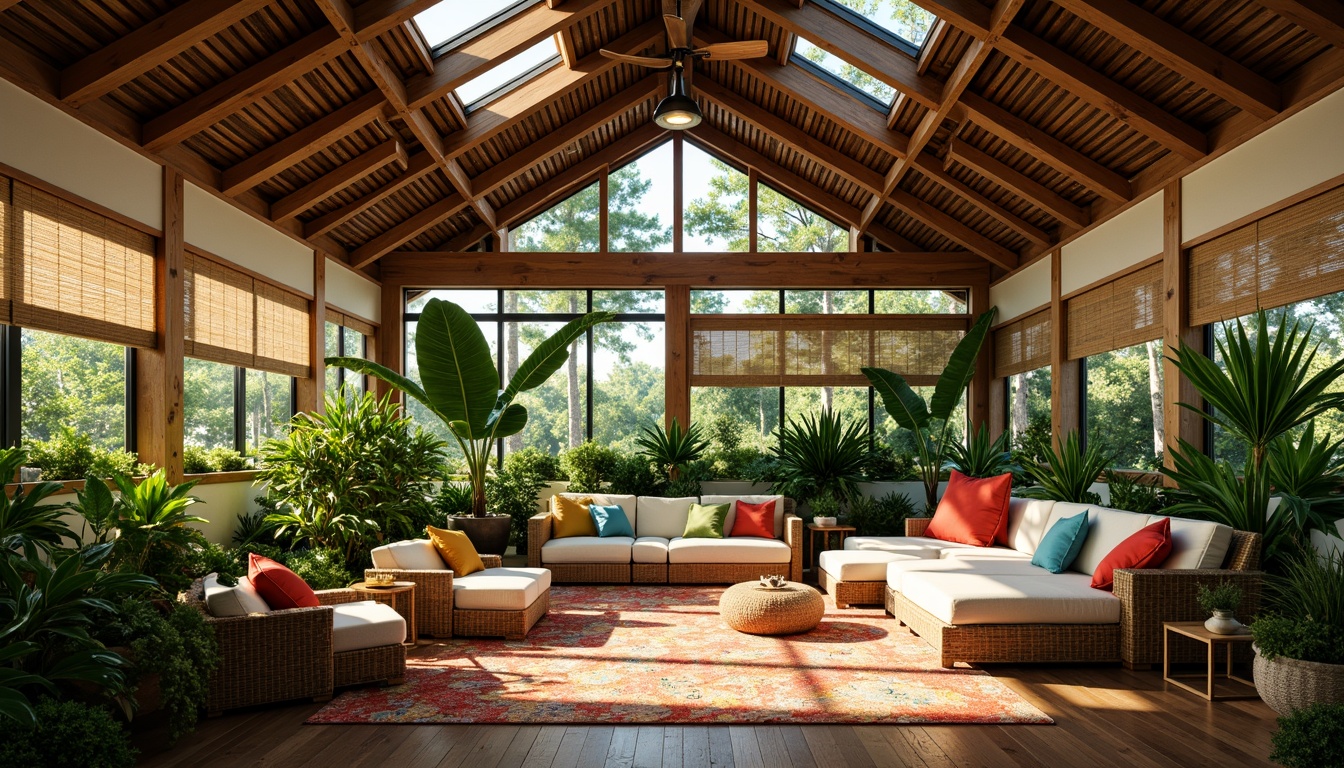 Prompt: Tropical interior, lush greenery, natural wood accents, woven rattan furniture, vibrant colorful textiles, exotic plant species, large ceiling fans, wooden louvers, clerestory windows, skylights, cross ventilation, gentle breeze, warm soft lighting, 1/1 composition, shallow depth of field, realistic textures, ambient occlusion, cozy reading nooks, plush throw pillows, natural fiber rugs, woven bamboo shades.