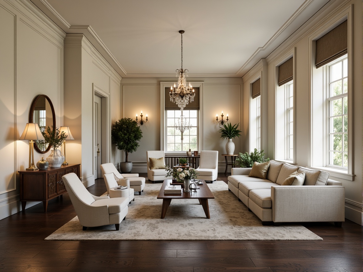 Prompt: Elegant living room, neutral color palette, cream walls, dark hardwood floors, comfortable sofas, ornate coffee tables, refined lighting fixtures, crystal chandeliers, bronze sconces, linen shades, warm white LED lights, layered lighting effect, subtle shadows, 3/4 composition, shallow depth of field, natural ambient light, sophisticated atmosphere.