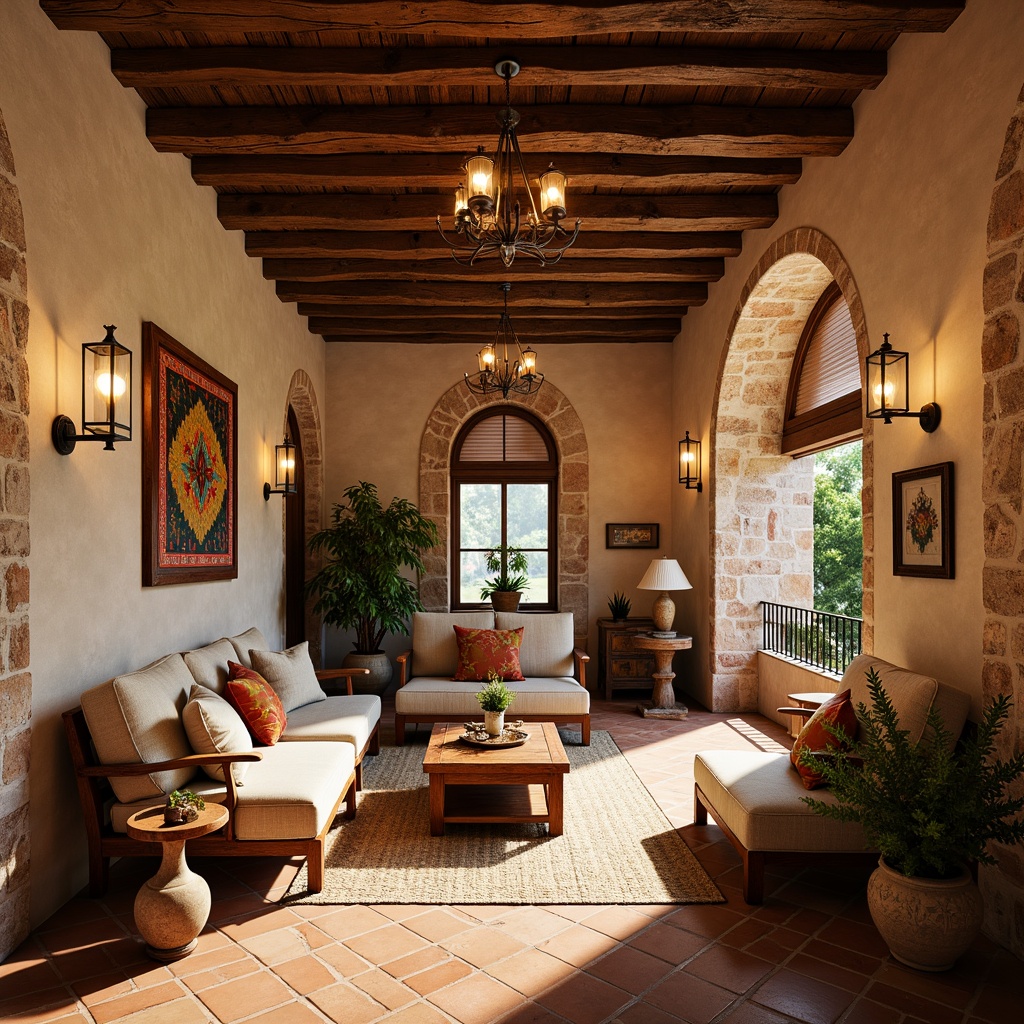 Prompt: Warm Mediterranean ambiance, rustic stone walls, terracotta floors, ornate wooden ceiling beams, elegant archways, lavish chandeliers, wrought iron candelabras, distressed metal lanterns, glass pendant lights, soft warm glow, ambient lighting, cozy nooks, plush furniture, vibrant colorful tapestries, natural linen fabrics, earthy color palette, sun-kissed windows, tranquil atmosphere, shallow depth of field, 1/1 composition, realistic textures, subtle shadows.