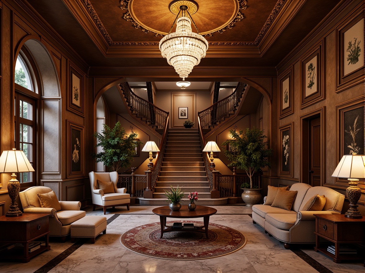 Prompt: Luxurious basement, neoclassical furniture, ornate carvings, rich wood tones, velvet upholstery, golden accents, crystal chandeliers, marble floors, grand staircase, elegant archways, sophisticated ambiance, warm soft lighting, shallow depth of field, 1/1 composition, realistic textures, ambient occlusion, vintage decorative elements, intricate moldings, subtle patterns, refined colors, classic proportions, opulent fabrics.