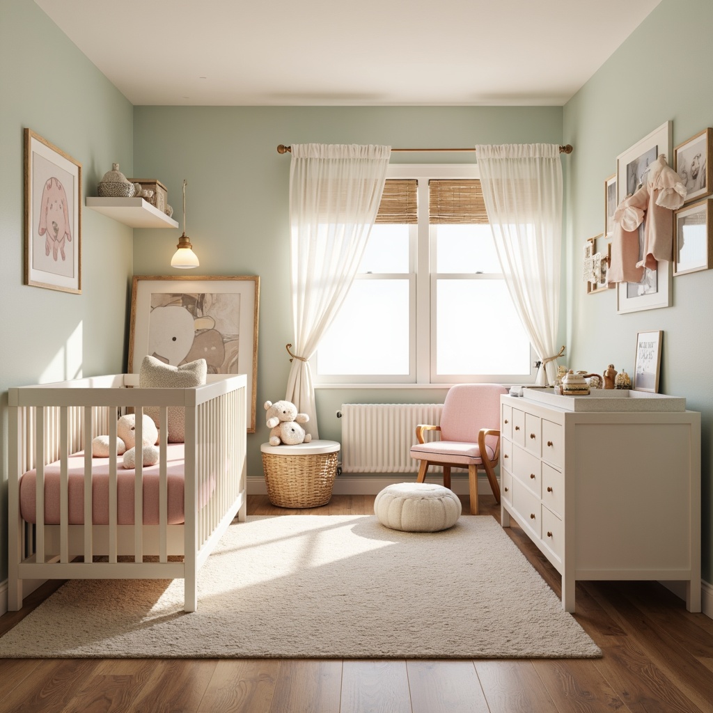 Prompt: Soft, pastel-colored nursery, gentle lighting, rounded furniture edges, non-toxic paint, hypoallergenic materials, baby-proof outlets, secure flooring, padded corners, safety gates, window guards, cordless blinds, soft toys, plush carpeting, calming colors, serene ambiance, natural wood accents, comfortable glider rocker, cozy reading nook, hidden storage compartments, organized diaper changing station, easy-to-clean surfaces, warm, inviting atmosphere, shallow depth of field, 1/2 composition, realistic textures.