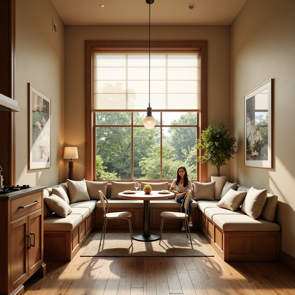 Prompt: Cozy breakfast nook, warm beige walls, soft wooden flooring, built-in banquette seating, plush cushions, circular wooden table, minimalist metal chairs, natural stone countertops, stainless steel appliances, pendant lighting fixtures, bright morning sunlight, shallow depth of field, 1/1 composition, realistic textures, ambient occlusion.