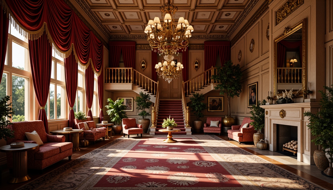 Prompt: Luxurious velvet drapes, intricately carved wooden paneling, ornate gilded frames, lavish chandeliers, richly patterned rugs, opulent marble fireplaces, grandiose staircases, heavily ornamented mirrors, antique furnishings, rich brocade upholstery, elaborate plaster ceilings, dramatic floor-to-ceiling windows, warm golden lighting, 1/2 composition, shallow depth of field, realistic textures.