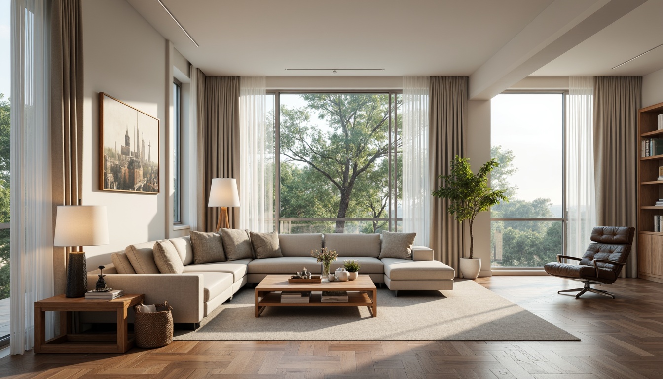 Prompt: Modern living room, sleek furniture, minimalist decor, functional layout, comfortable seating, plush sofas, wooden coffee tables, floor lamps, neutral color palette, natural textiles, soft carpets, large windows, abundant natural light, 1/1 composition, warm ambiance, cozy atmosphere, subtle shadows, realistic materials.