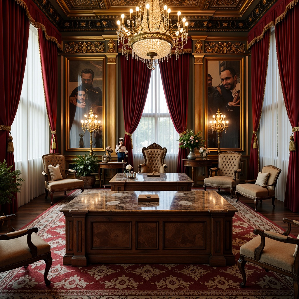 Prompt: Ornate Rococo-style office, gilded accents, intricate carvings, luxurious velvet upholstery, curved wooden legs, ornamental mirrors, crystal chandeliers, rich jewel-toned colors, lavish drapery, golden hardware, regal throne-like chairs, opulent marble tops, distressed leather textures, soft warm lighting, shallow depth of field, 3/4 composition, realistic reflections, ambient occlusion.