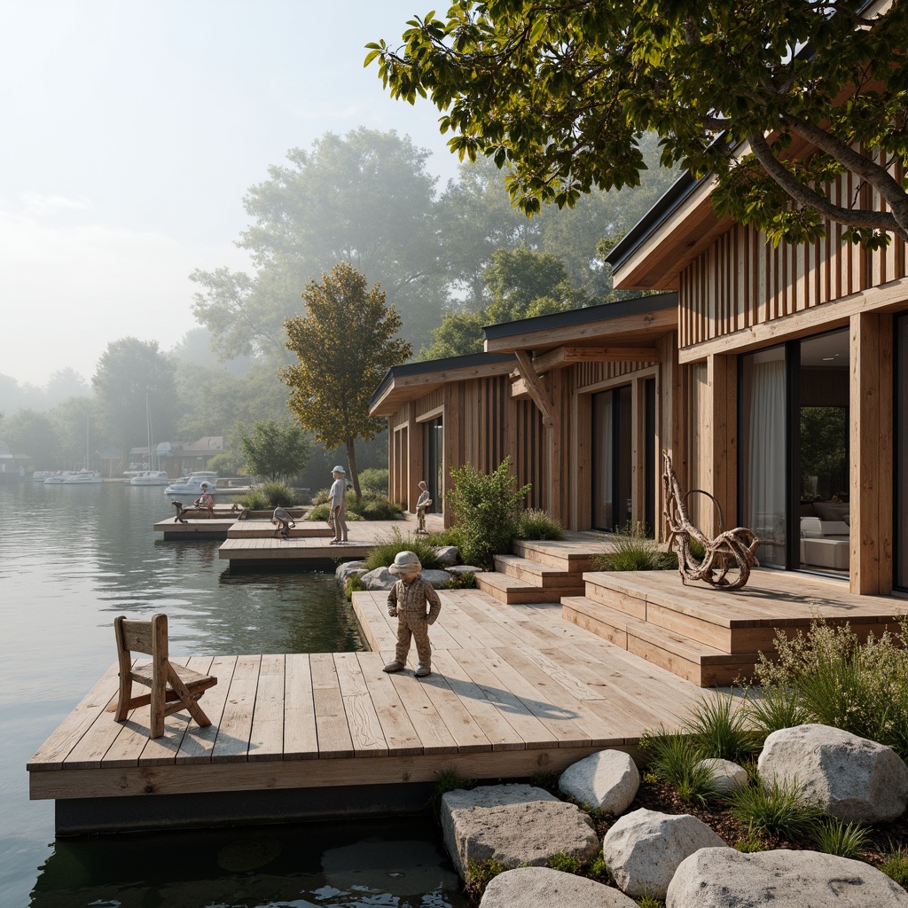 Prompt: Waterfront boathouse, natural wood accents, reclaimed wooden planks, rustic metal details, minimalist interior design, earthy color palette, eco-friendly furniture, recycled plastic decor, energy-efficient lighting, solar panels, green roofs, rainwater harvesting systems, nautical rope textures, driftwood-inspired sculptures, serene lake views, misty morning atmosphere, soft natural light, shallow depth of field, 1/1 composition, realistic water reflections.