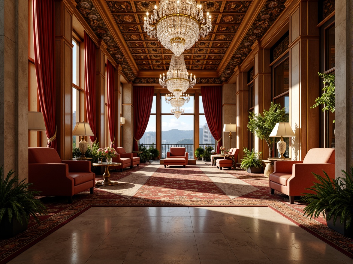 Prompt: Luxurious airport lounges, Renaissance-inspired interiors, rich velvet fabrics, ornate golden accents, intricate wooden paneling, crystal chandeliers, plush carpeted floors, majestic stone columns, grand staircases, sophisticated color schemes, elegant furniture designs, refined textures, atmospheric lighting, subtle warm tones, 1/1 composition, symmetrical framing, realistic reflections.