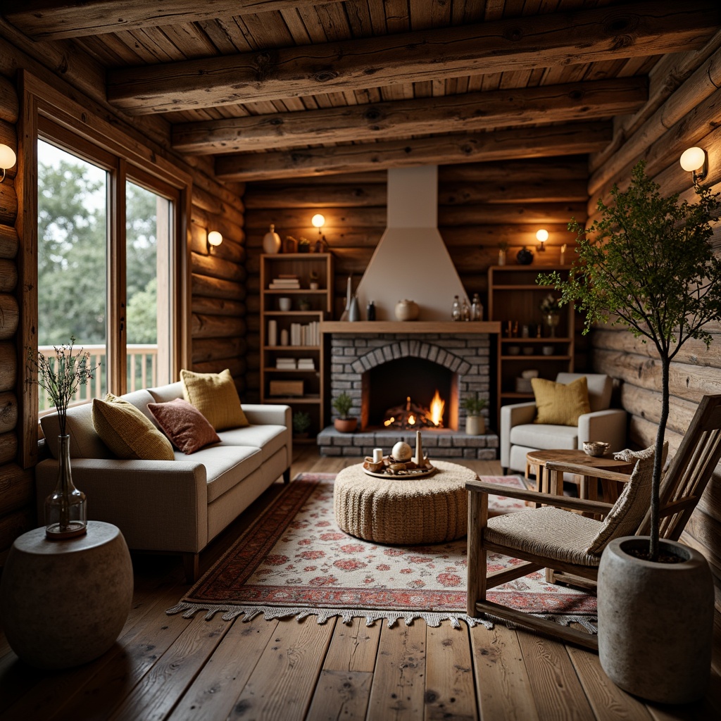 Prompt: Rustic wooden cabin, reclaimed wood accents, distressed finishes, earthy tones, natural textures, rough-hewn beams, wooden planks, stone fireplace, cozy ambiance, warm candlelight, soft shadows, shallow depth of field, 1/2 composition, intimate atmosphere, realistic wood grains, ambient occlusion.