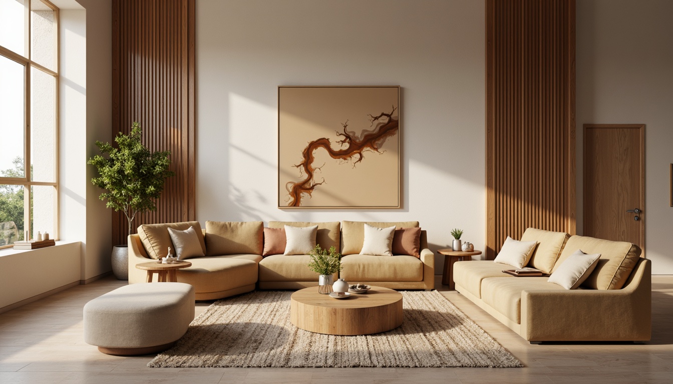 Prompt: Calming living room, neutral beige walls, rich walnut wood accents, plush velvet sofas, soft golden lighting, warm earthy tones, natural fiber rugs, minimalist decor, organic shapes, circular coffee tables, modern abstract artwork, subtle texture variations, gentle color transitions, 1/2 composition, realistic renderings, ambient occlusion.