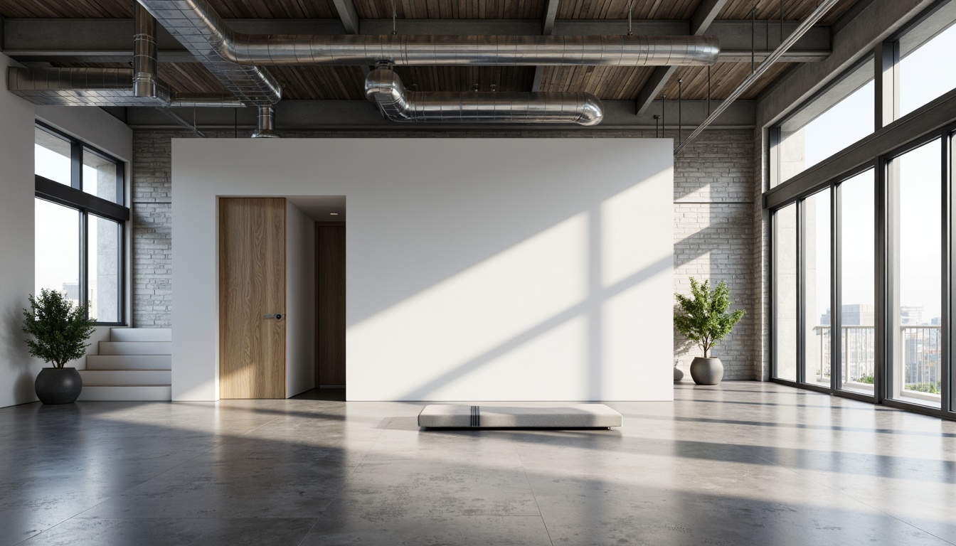 Prompt: Minimalist interior, open floor plan, industrial-chic aesthetic, exposed ductwork, polished concrete floors, steel beams, functional simplicity, rectangular shapes, monochromatic color scheme, abundant natural light, floor-to-ceiling windows, sliding glass doors, minimalist furniture, geometric patterns, clean lines, urban loft atmosphere, industrial heritage, modern functionality, airy feel, sense of freedom, 1/1 composition, softbox lighting, realistic textures.